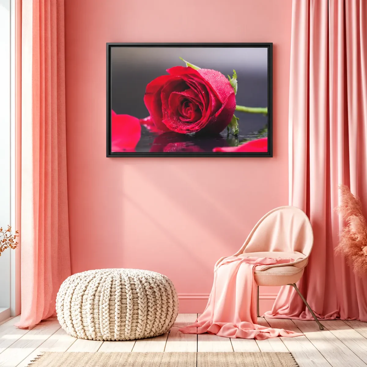 Crimson Dewfall – Red Rose Wall Art | Romantic Framed Canvas for Elegant Interiors