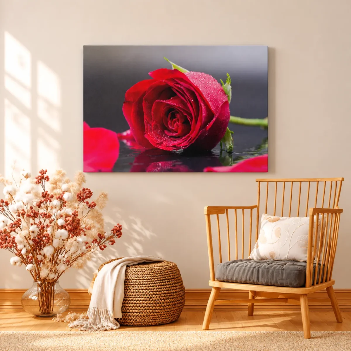 Crimson Dewfall – Red Rose Wall Art, Romantic Floral Canvas for Elegant Interiors