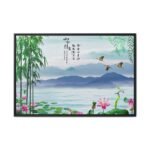 Jade Mist Sanctuary – Bamboo Mountain Framed Canvas, Asian Landscape Wall Art