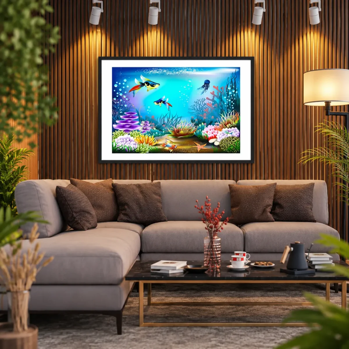 Coralwhim Tide – Colorful Coral Reef Wall Art Framed Print, Tropical Ocean Decor