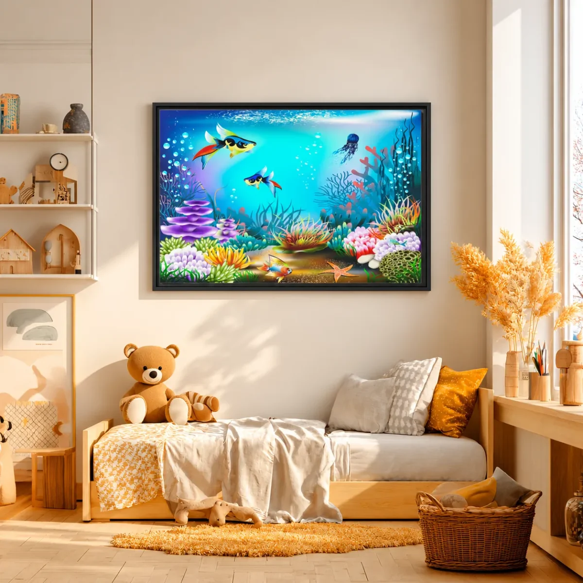 Coralwhim Tide – Colorful Coral Reef Wall Art Framed Canvas for Coastal Decor