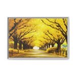 Saffron Canopy Passage – Autumn Golden Tree-Lined Avenue Framed Canvas