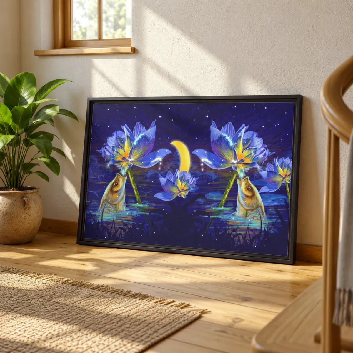 Lunaflora Lotus Fish Wall Art – Enchanted Moonlit Framed Canvas for Modern Homes