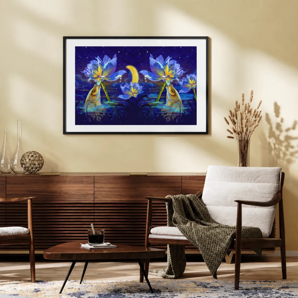 Lunaflora Lotus Fish Wall Art – Moonlit Botanical Framed Print for Elegant Spaces