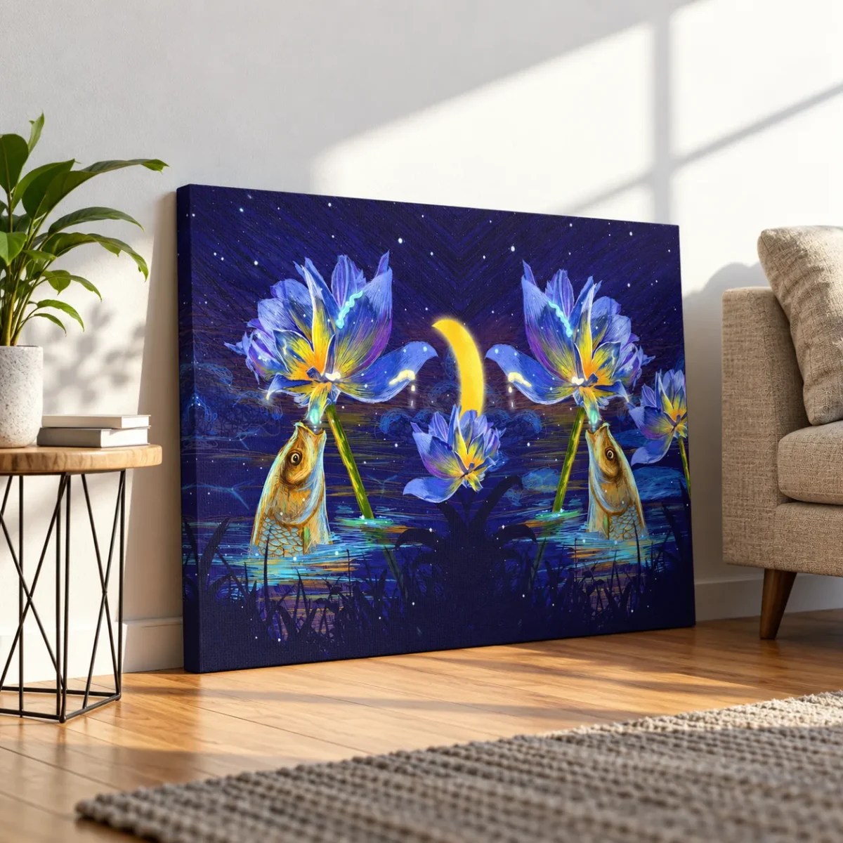 128 (1) Lunaflora Lotus Fish Wall Art – Mystical Moonlit Canvas for Serene Interiors