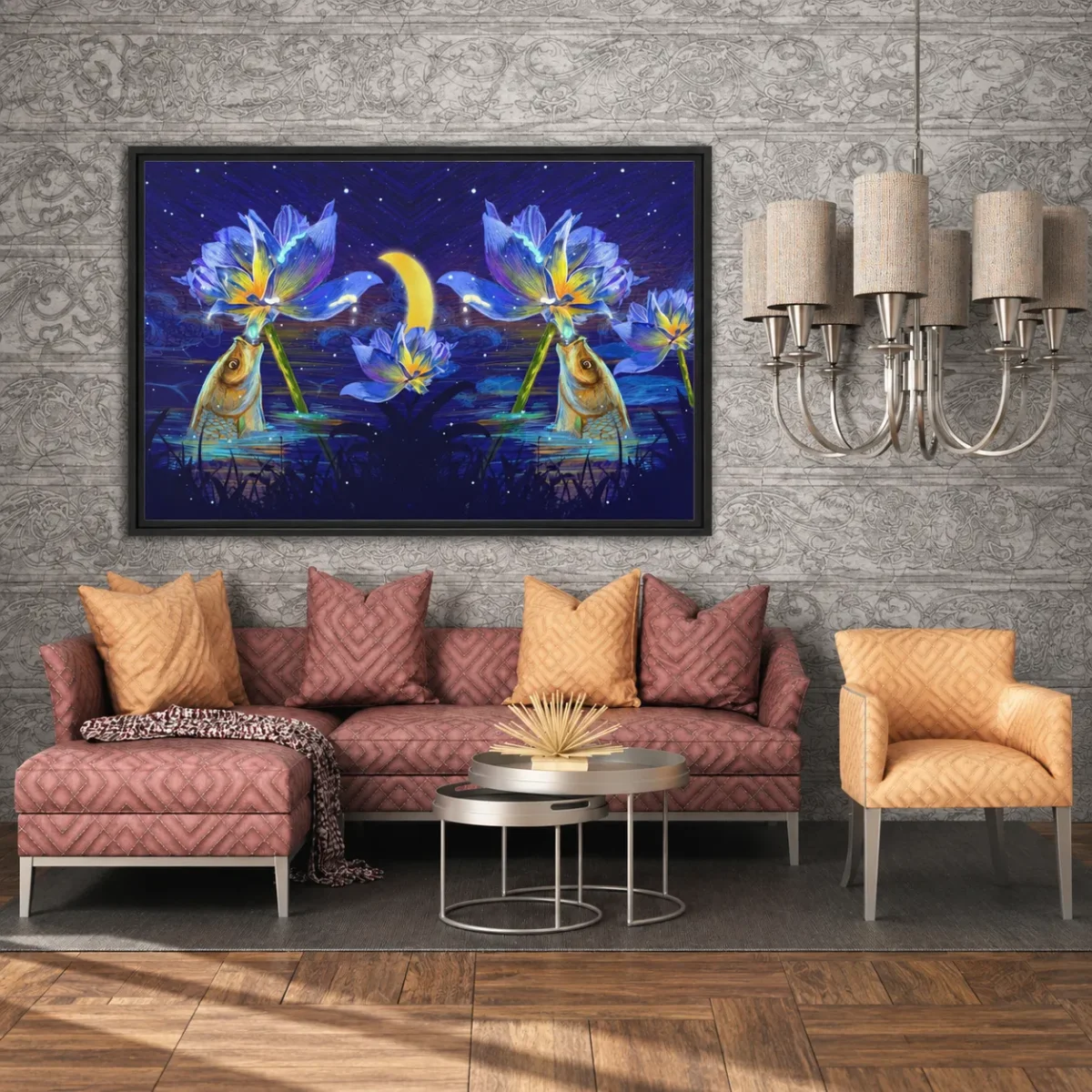 Lunaflora Lotus Fish Wall Art – Enchanted Moonlit Framed Canvas for Modern Homes