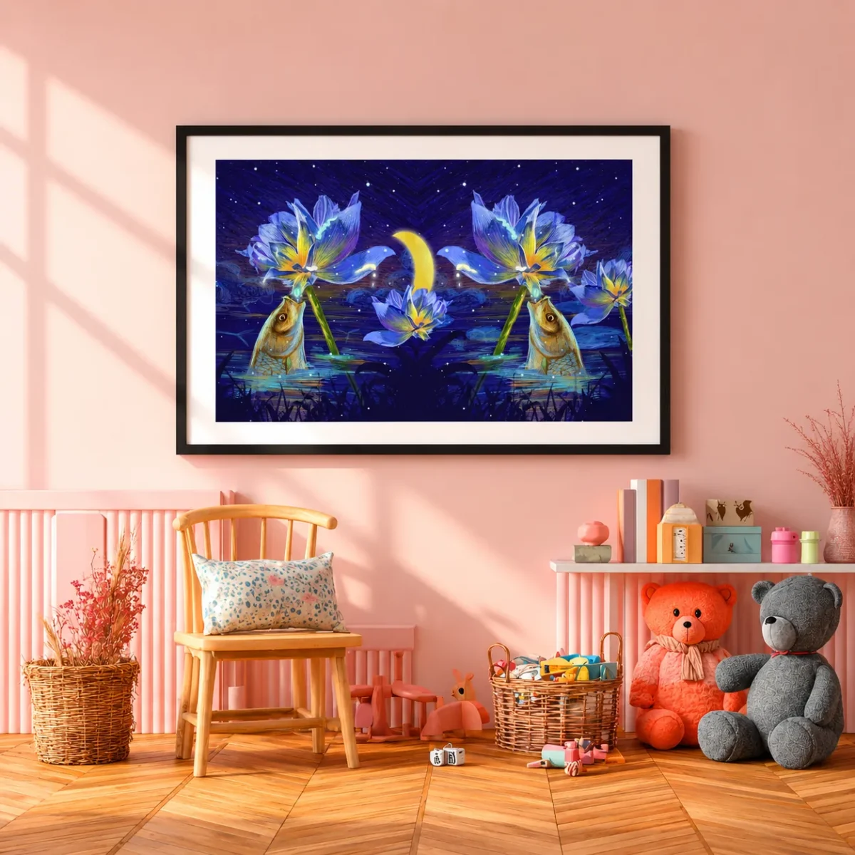 Lunaflora Lotus Fish Wall Art – Moonlit Botanical Framed Print for Elegant Spaces