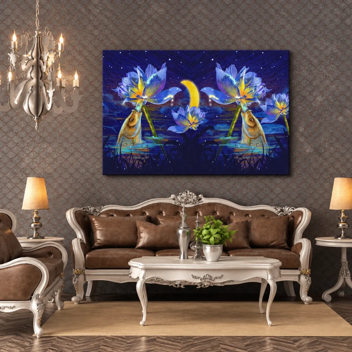 128 (2) Lunaflora Lotus Fish Wall Art – Mystical Moonlit Canvas for Serene Interiors