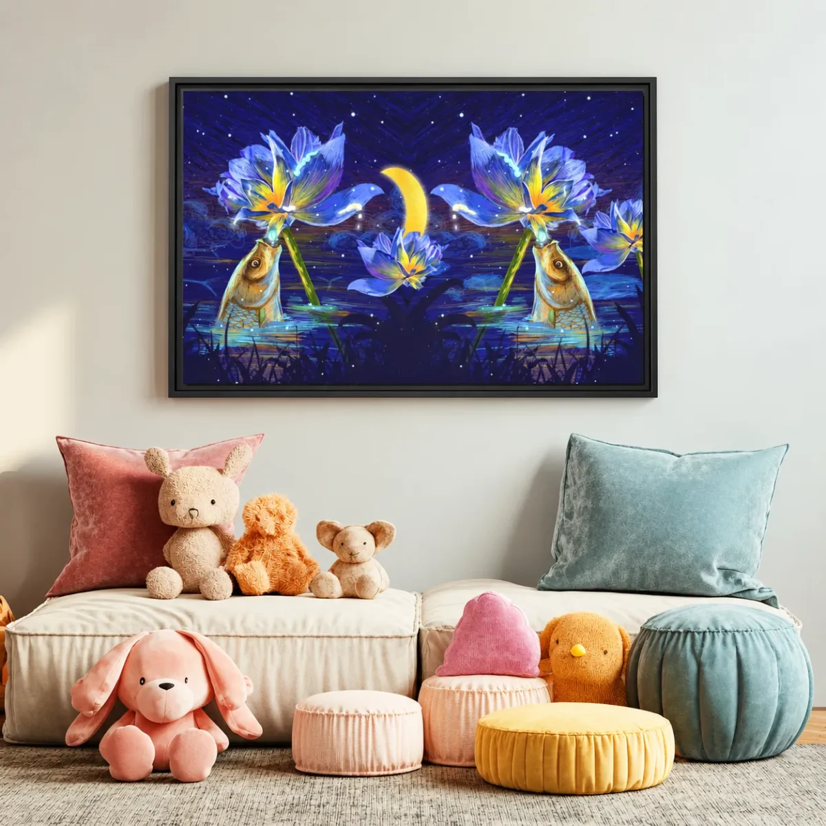 Lunaflora Lotus Fish Wall Art – Enchanted Moonlit Framed Canvas for Modern Homes