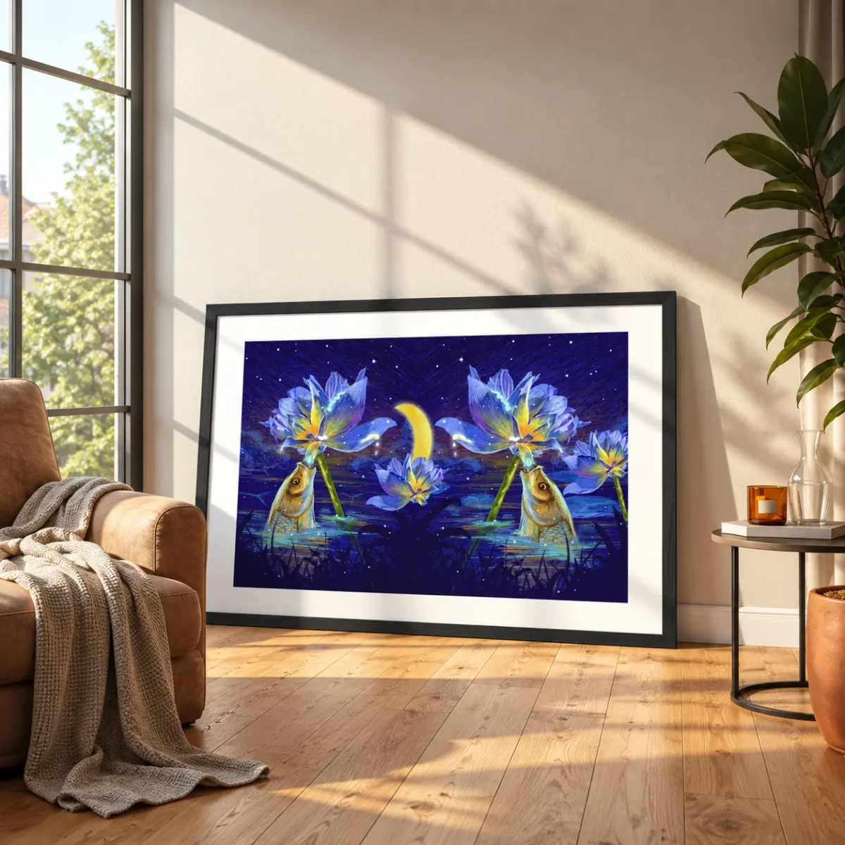 Lunaflora Lotus Fish Wall Art – Moonlit Botanical Framed Print for Elegant Spaces