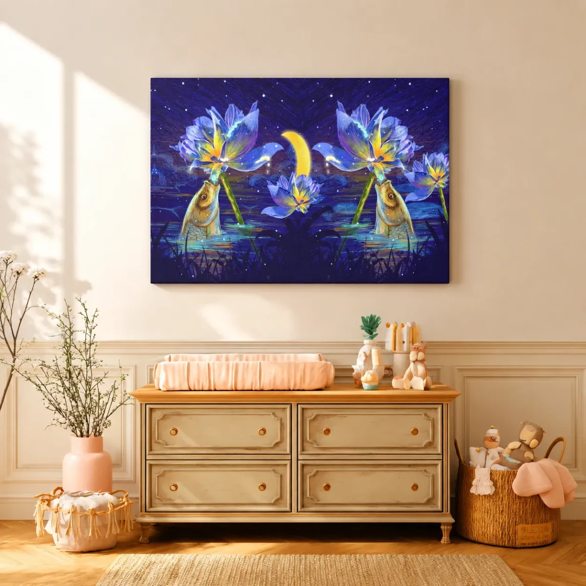 128 (3) Lunaflora Lotus Fish Wall Art – Mystical Moonlit Canvas for Serene Interiors