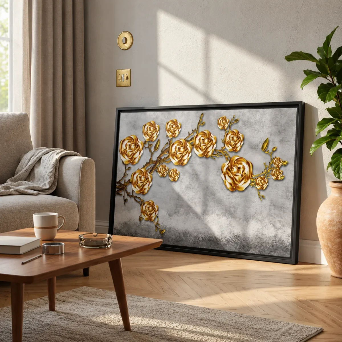Gilded Rose Canopy – Golden Rose Framed Canvas Wall Art, Luxe Botanical Decor