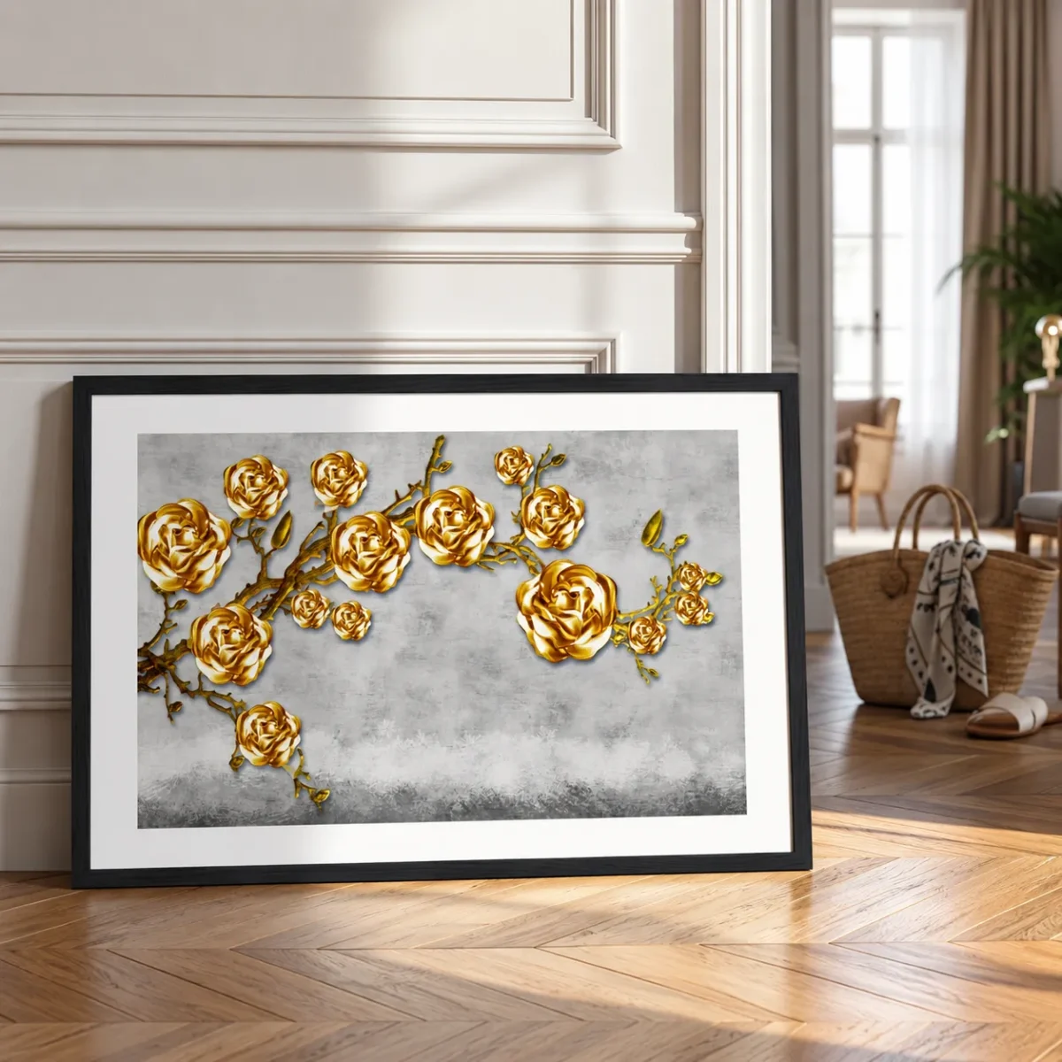 Gilded Rose Canopy – Golden Rose Framed Art Print, Luxury Botanical Wall Decor