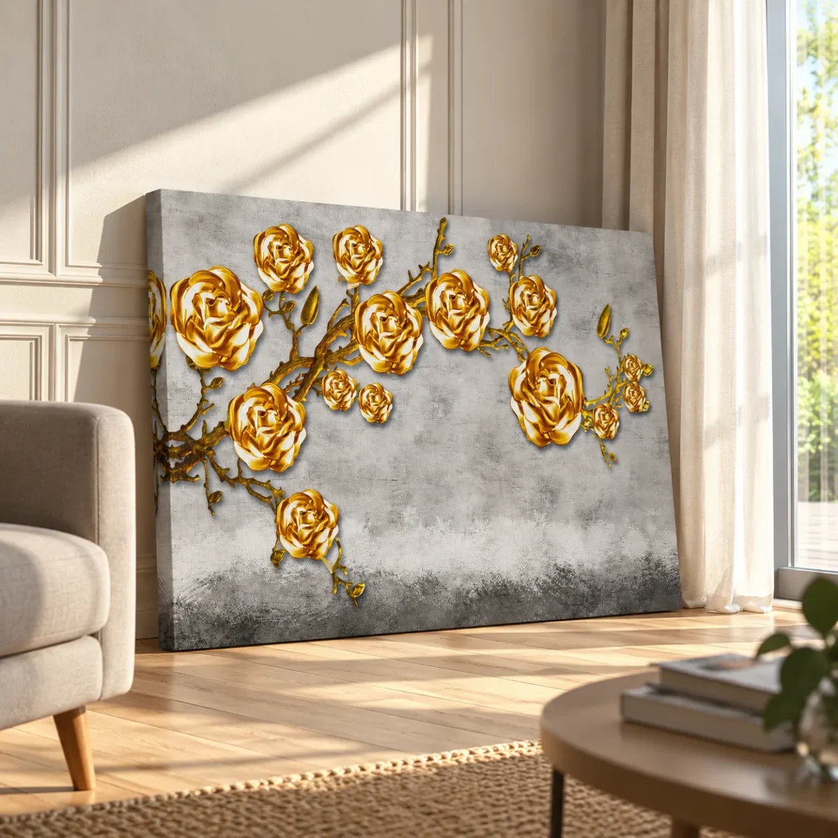 Gilded Rose Canopy – Golden Rose Canvas Wall Art, Luxury Botanical Decor