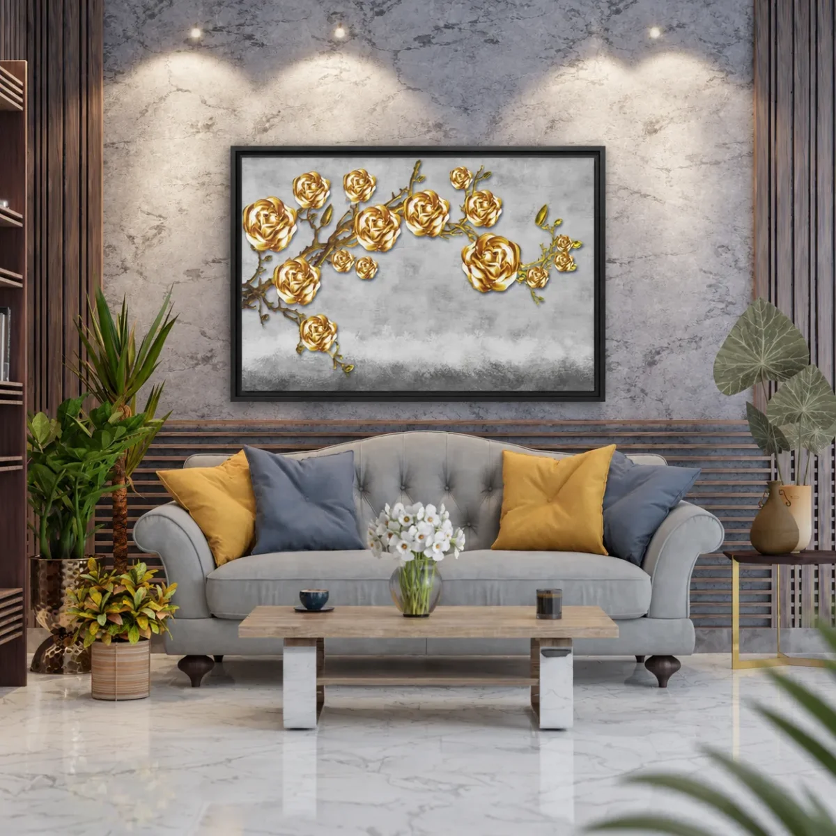 Gilded Rose Canopy – Golden Rose Framed Canvas Wall Art, Luxe Botanical Decor