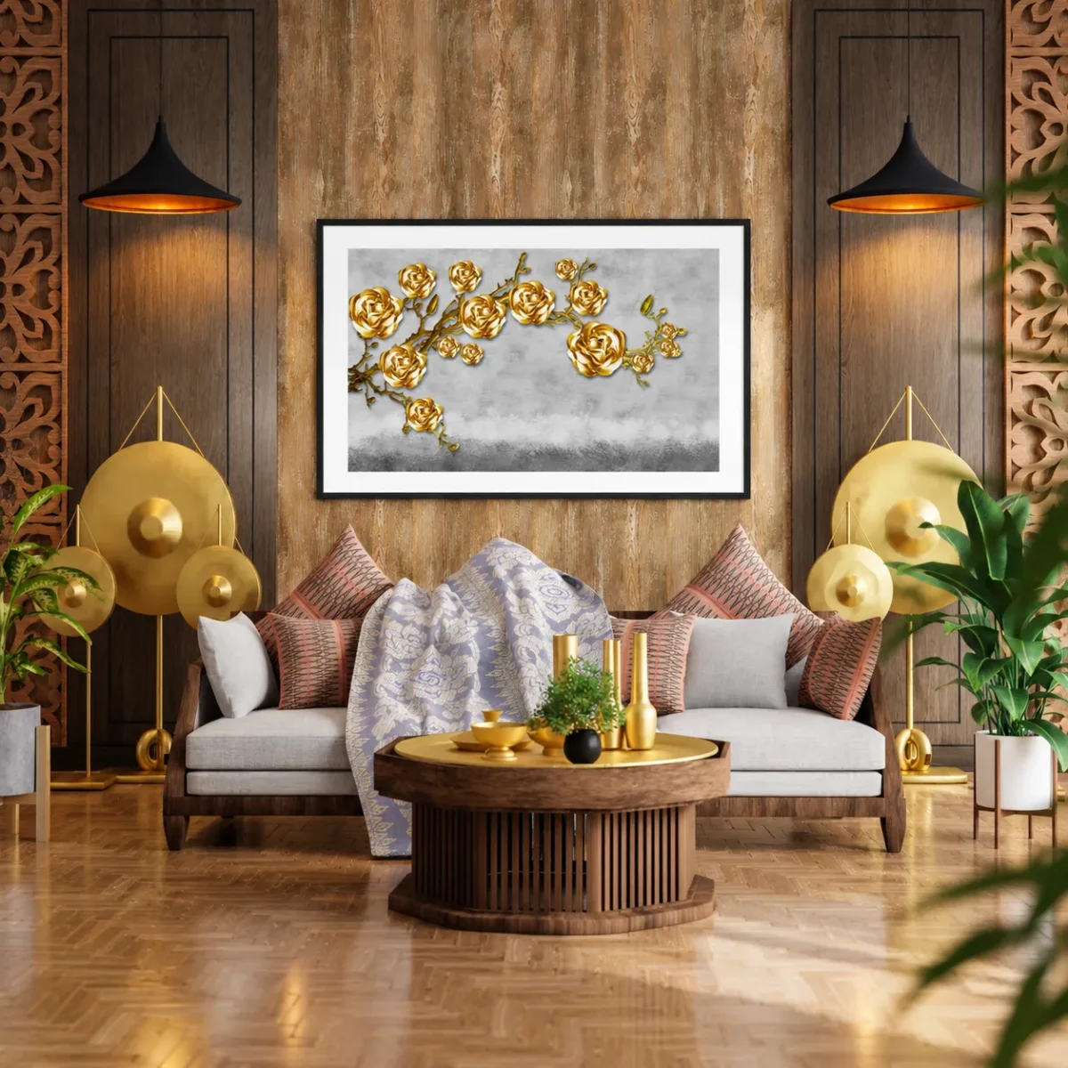 Gilded Rose Canopy – Golden Rose Framed Art Print, Luxury Botanical Wall Decor