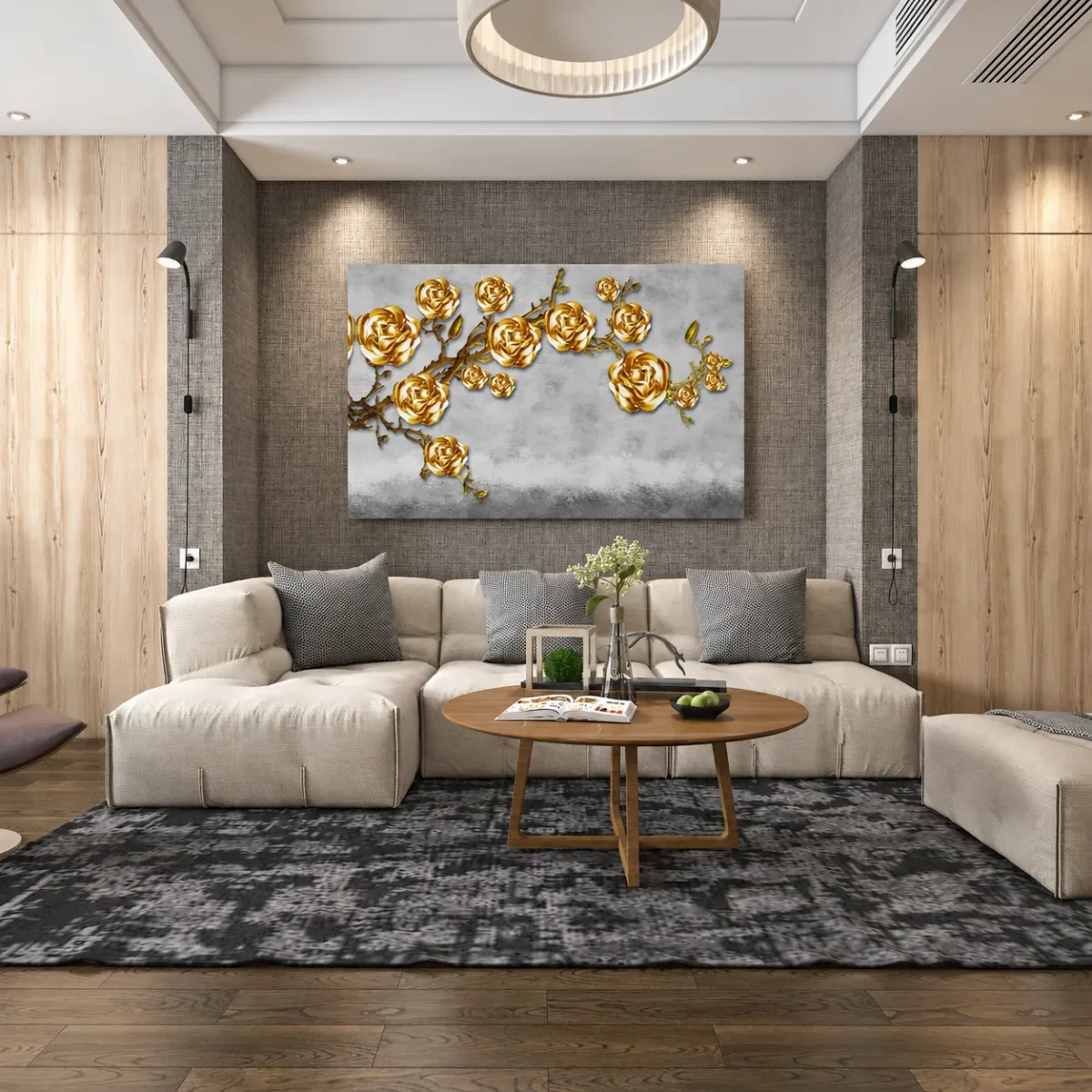 Gilded Rose Canopy – Golden Rose Canvas Wall Art, Luxury Botanical Decor