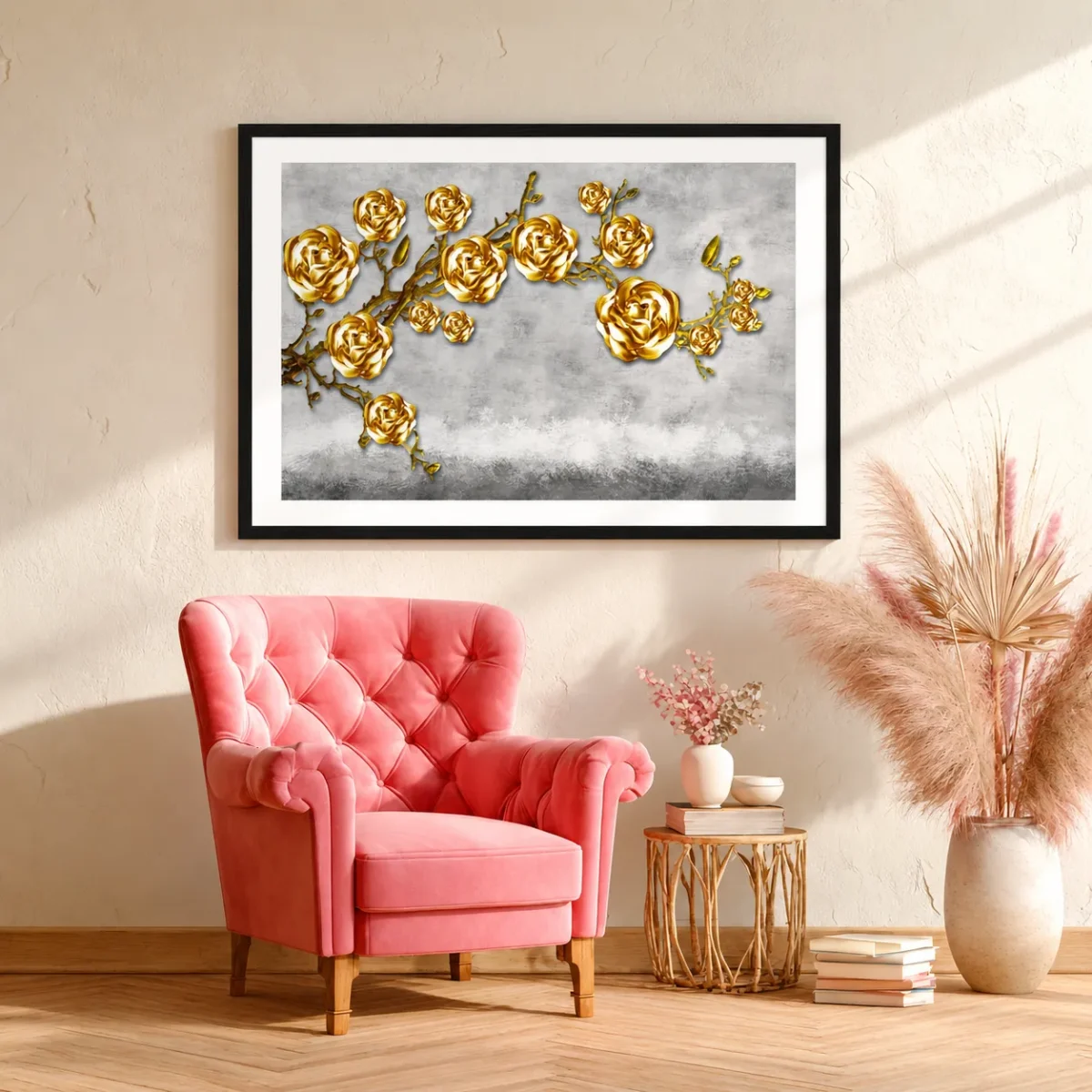 Gilded Rose Canopy – Golden Rose Framed Art Print, Luxury Botanical Wall Decor
