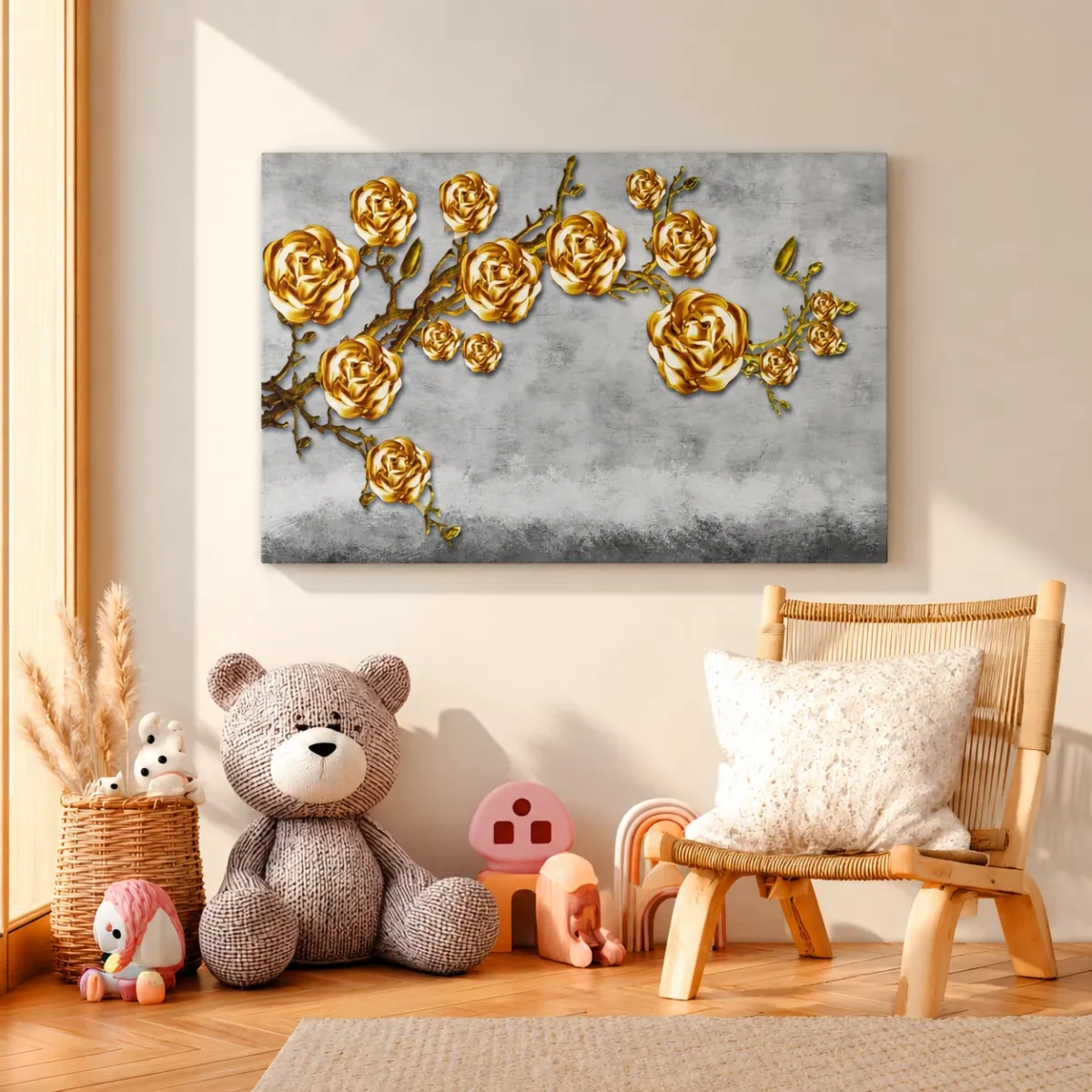 Gilded Rose Canopy – Golden Rose Canvas Wall Art, Luxury Botanical Decor