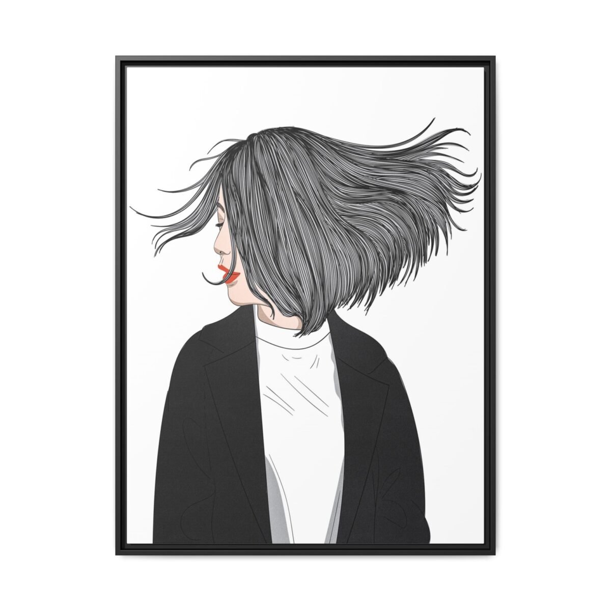 Velvet Gale – Windswept Woman Framed Canvas Wall Art for Modern Interiors
