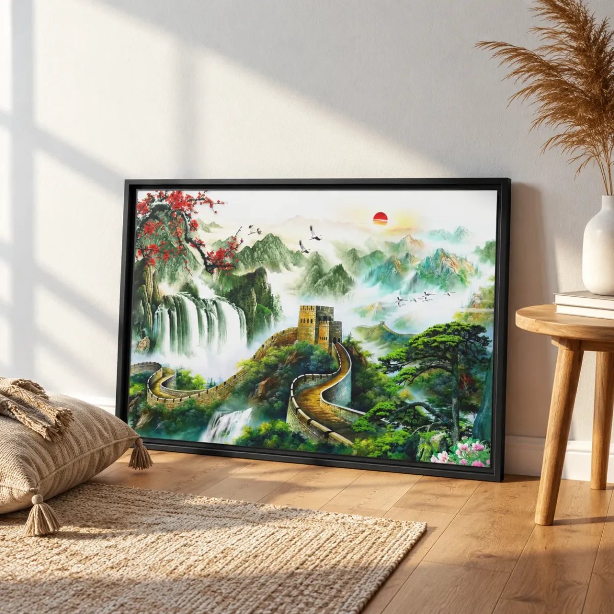 Jade Citadel Reverie – Chinese Landscape Wall Art Framed Canvas, Great Wall Mountain Decor
