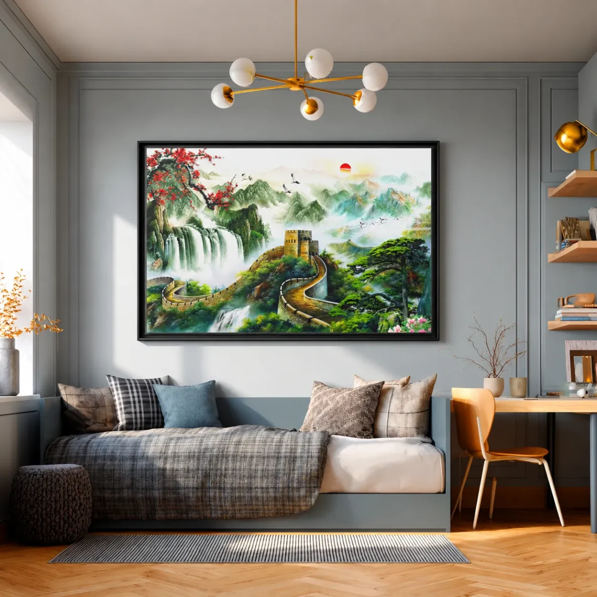 Jade Citadel Reverie – Chinese Landscape Wall Art Framed Canvas, Great Wall Mountain Decor