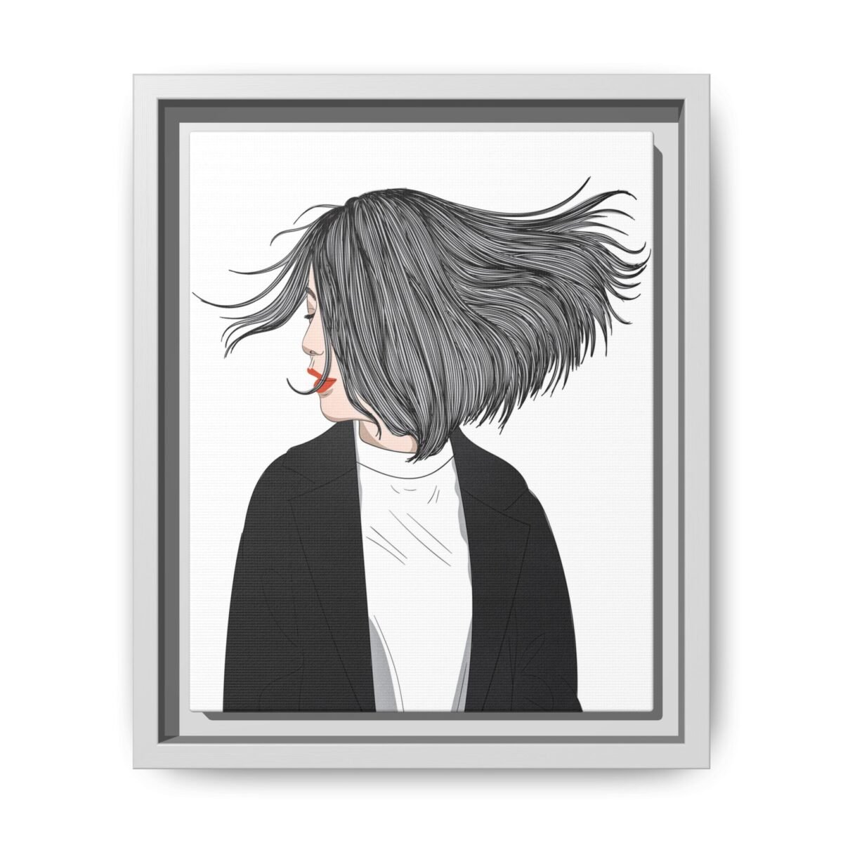 Velvet Gale – Windswept Woman Framed Canvas Wall Art for Modern Interiors