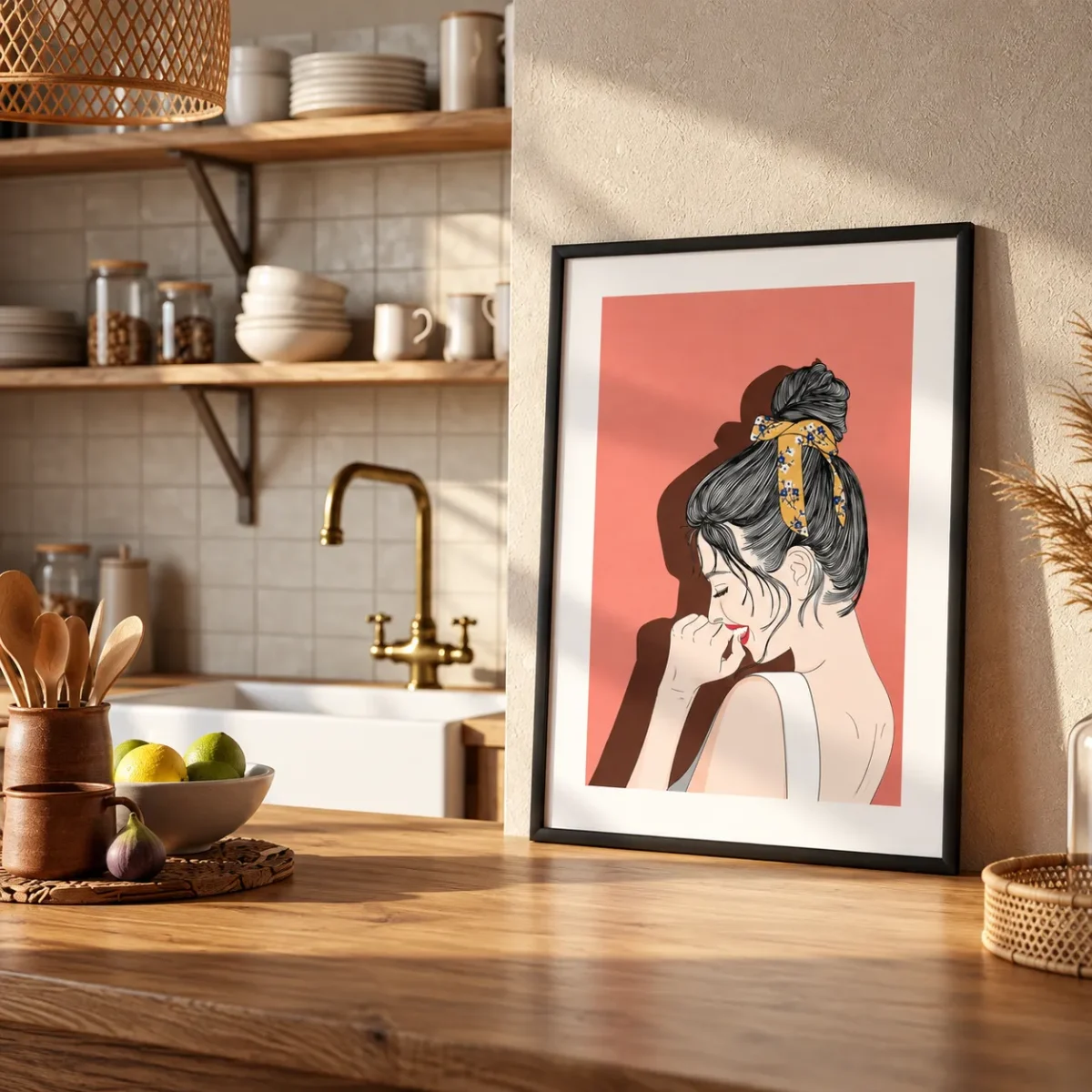 Coral Muse – Vintage Woman Framed Prints, Retro Floral Portrait Wall Decor
