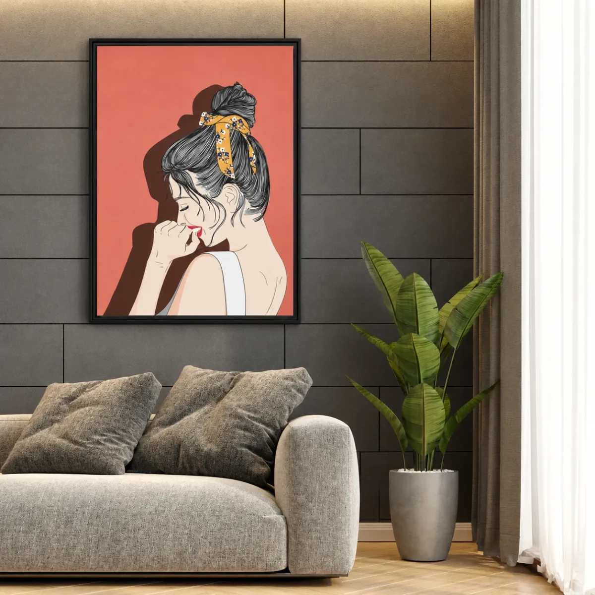 Coral Muse – Vintage Woman Framed Canvas Wall Art, Retro Portrait Decor