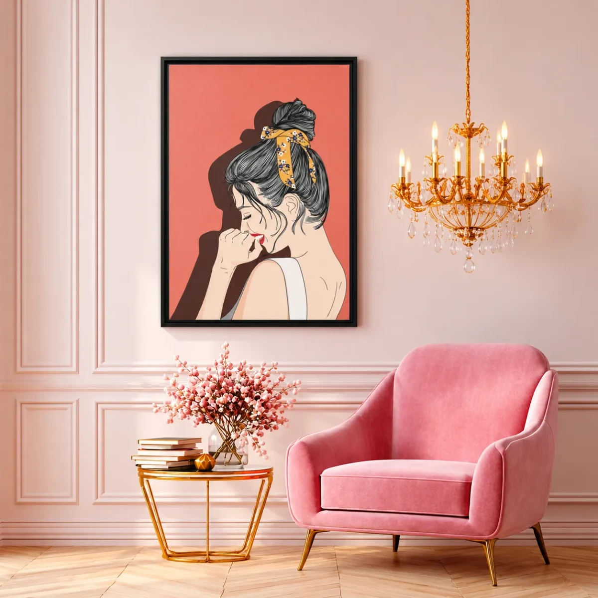 Coral Muse – Vintage Woman Framed Canvas Wall Art, Retro Portrait Decor