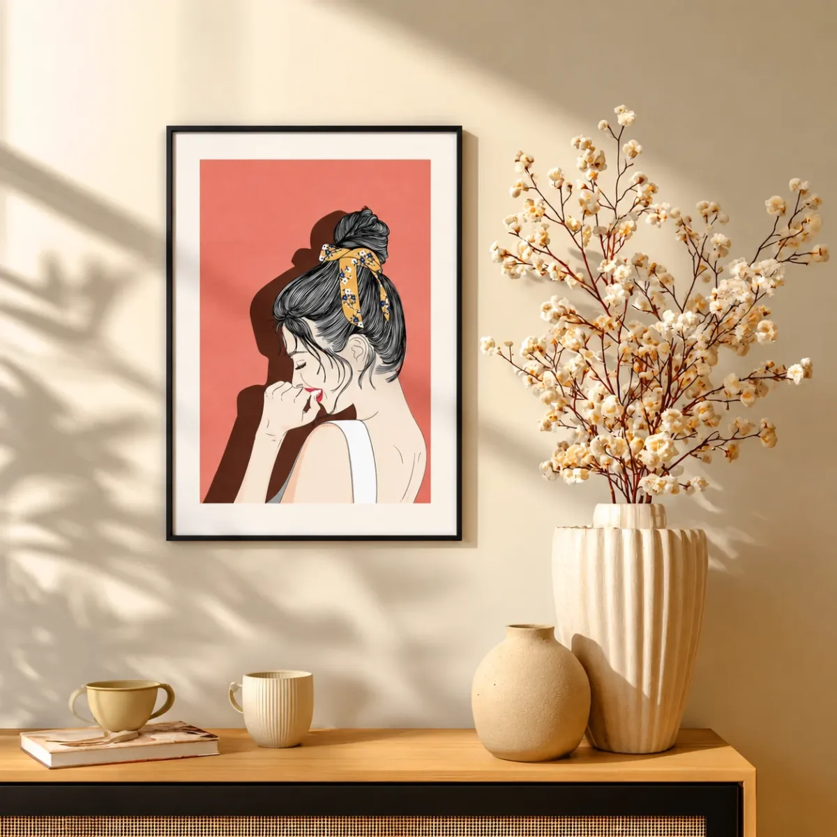 Coral Muse – Vintage Woman Framed Prints, Retro Floral Portrait Wall Decor