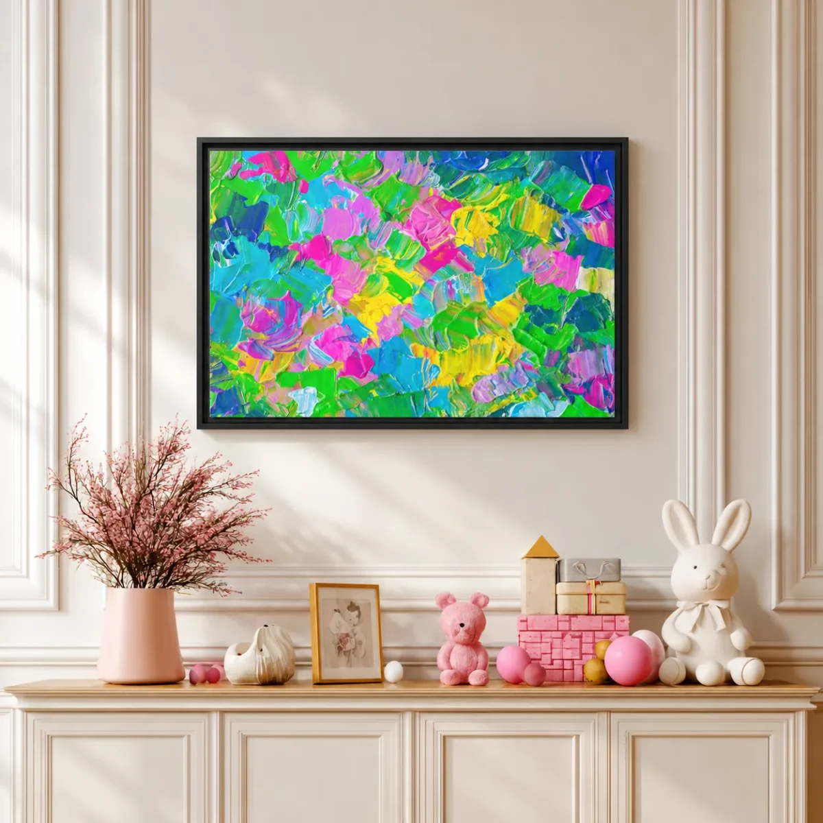 134 (1) Prism Riot – Vibrant Abstract Framed Canvas Wall Art for Modern Spaces