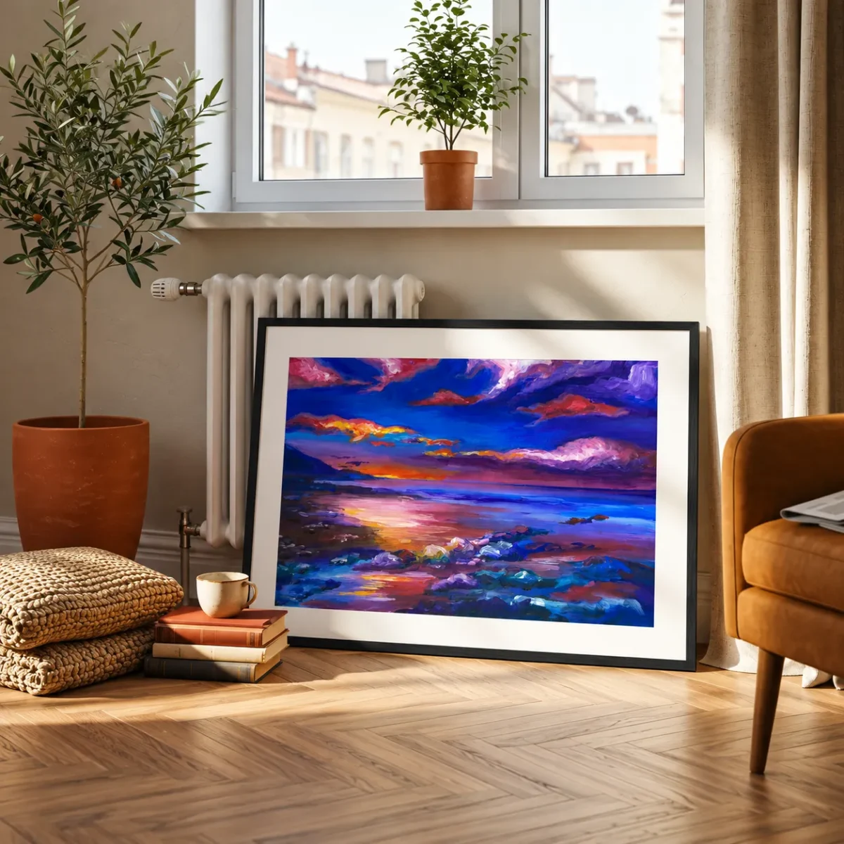 Violet Tide Reverie – Abstract Sunset Landscape Wall Art, Framed Print