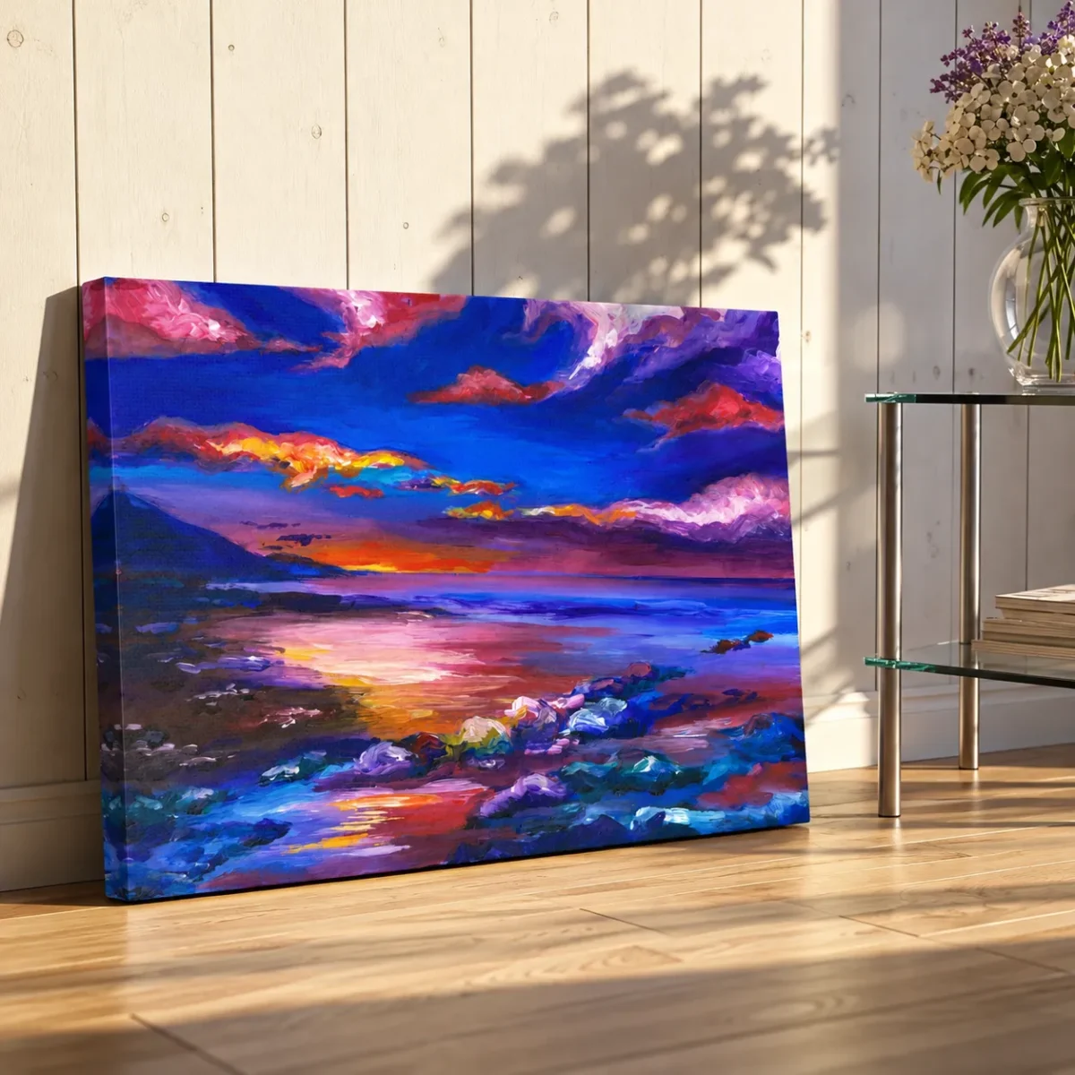 Violet Tide Reverie – Abstract Sunset Landscape Wall Art, Stretched Canvas