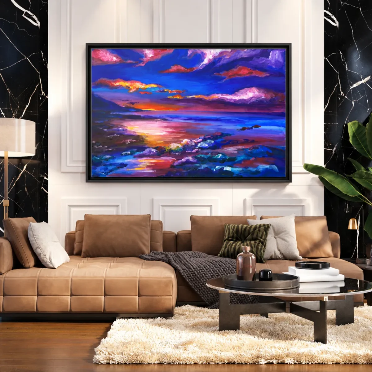 Violet Tide Reverie – Abstract Sunset Landscape Wall Art, Framed Canvas