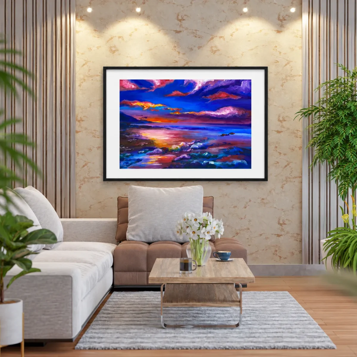 Violet Tide Reverie – Abstract Sunset Landscape Wall Art, Framed Print