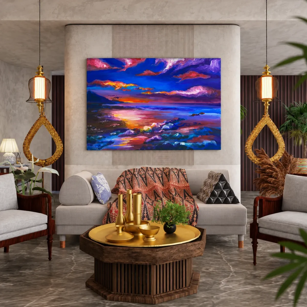 Violet Tide Reverie – Abstract Sunset Landscape Wall Art, Stretched Canvas
