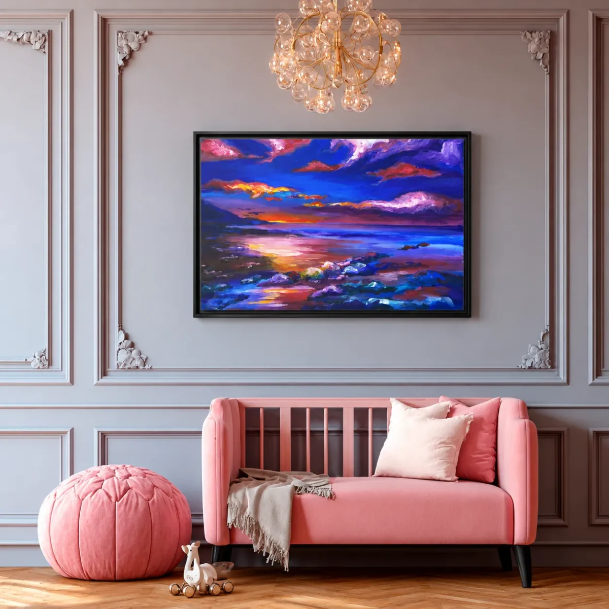 Violet Tide Reverie – Abstract Sunset Landscape Wall Art, Framed Canvas