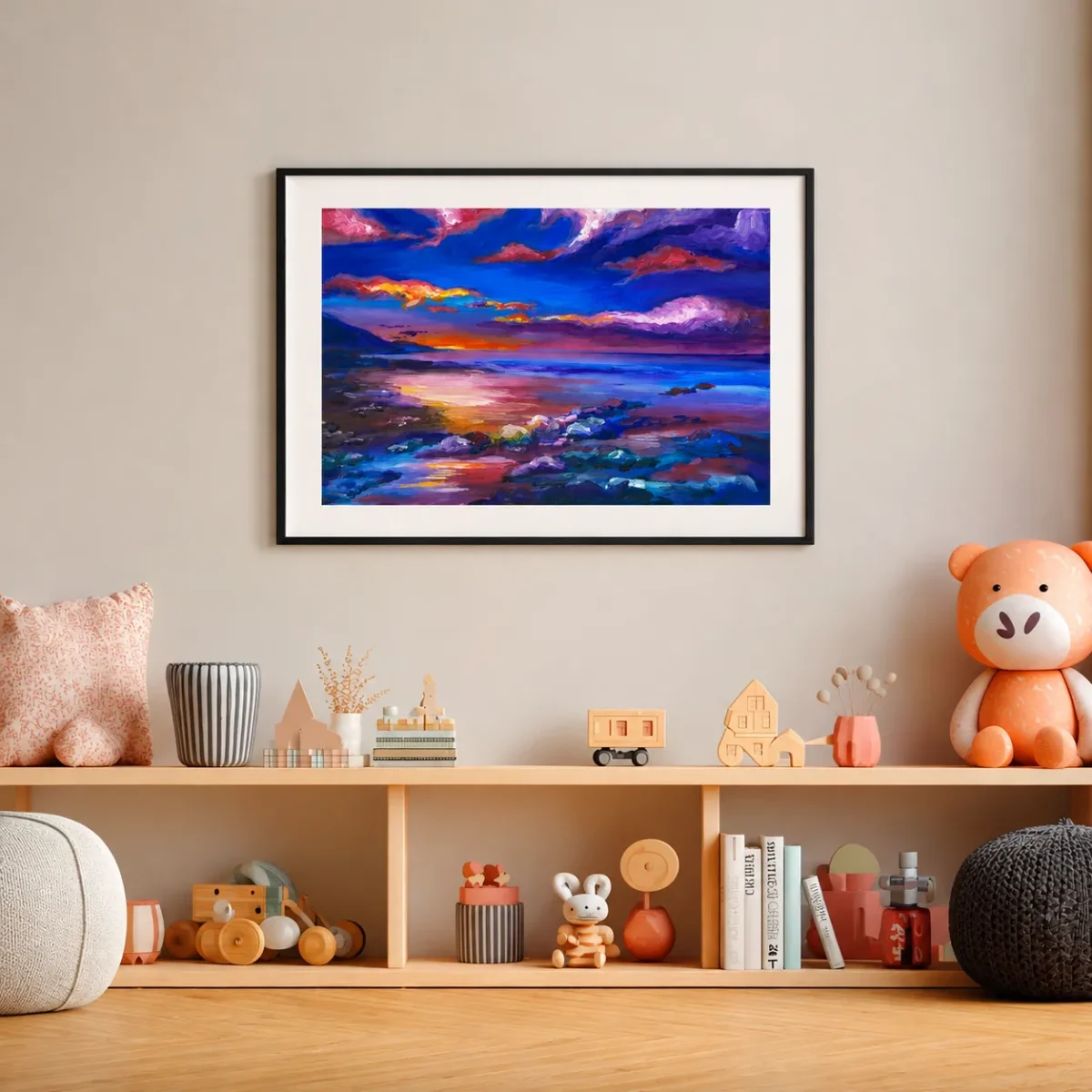 Violet Tide Reverie – Abstract Sunset Landscape Wall Art, Framed Print