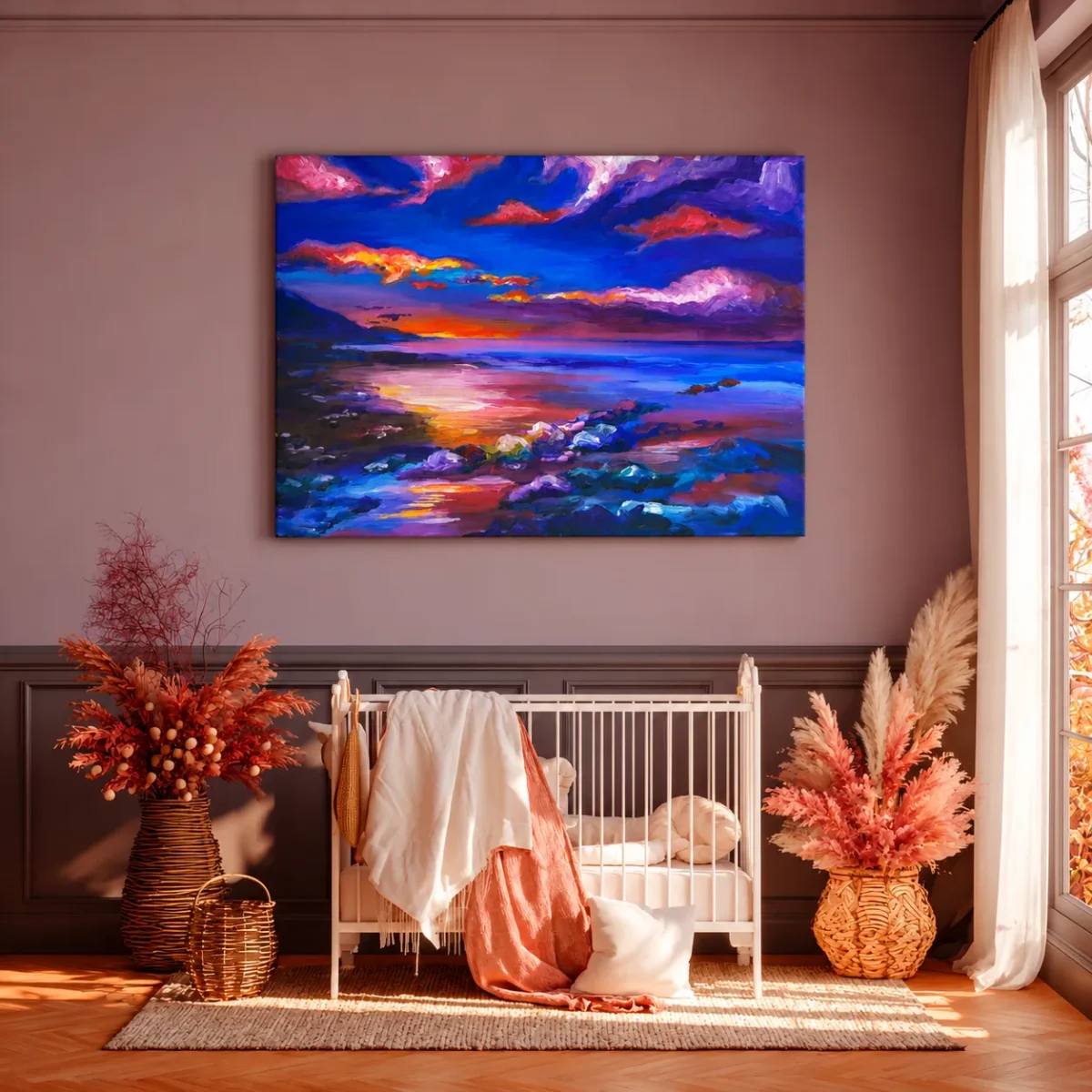 Violet Tide Reverie – Abstract Sunset Landscape Wall Art, Stretched Canvas