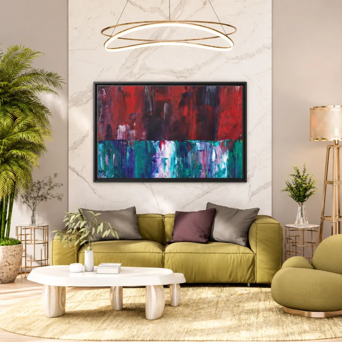 Cinderwake Current – Red Teal Abstract Framed Canvas Wall Art