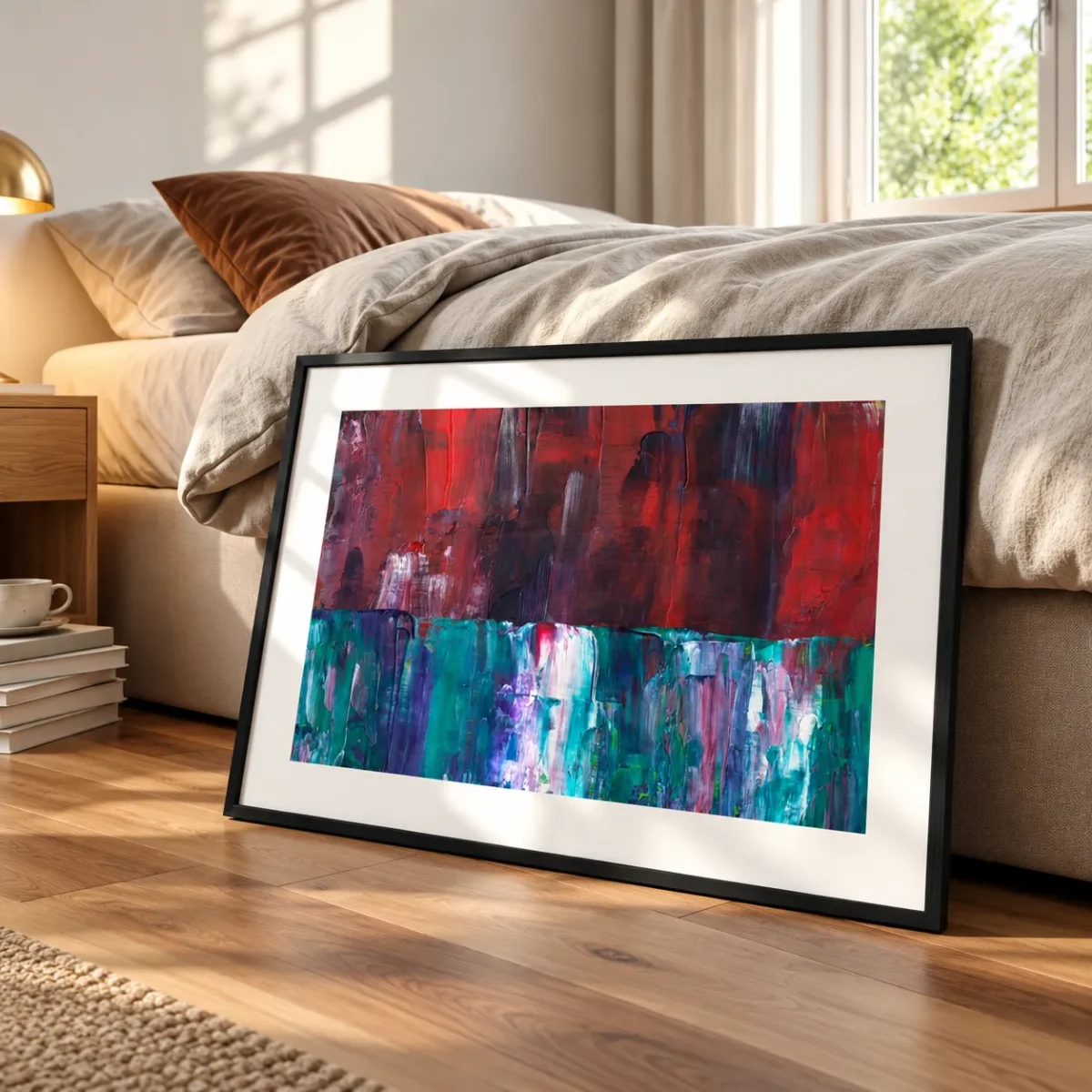 Cinderwake Current – Red Teal Abstract Framed Prints for Modern Interiors