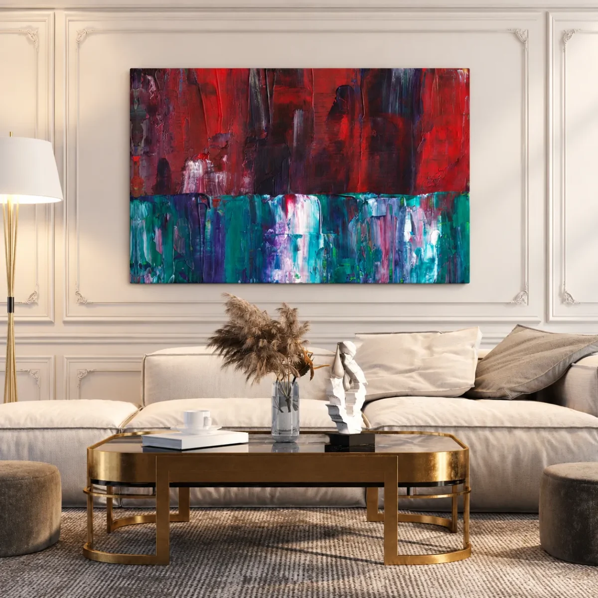 Cinderwake Current – Red Teal Abstract Canvas Wall Art for Modern Interiors
