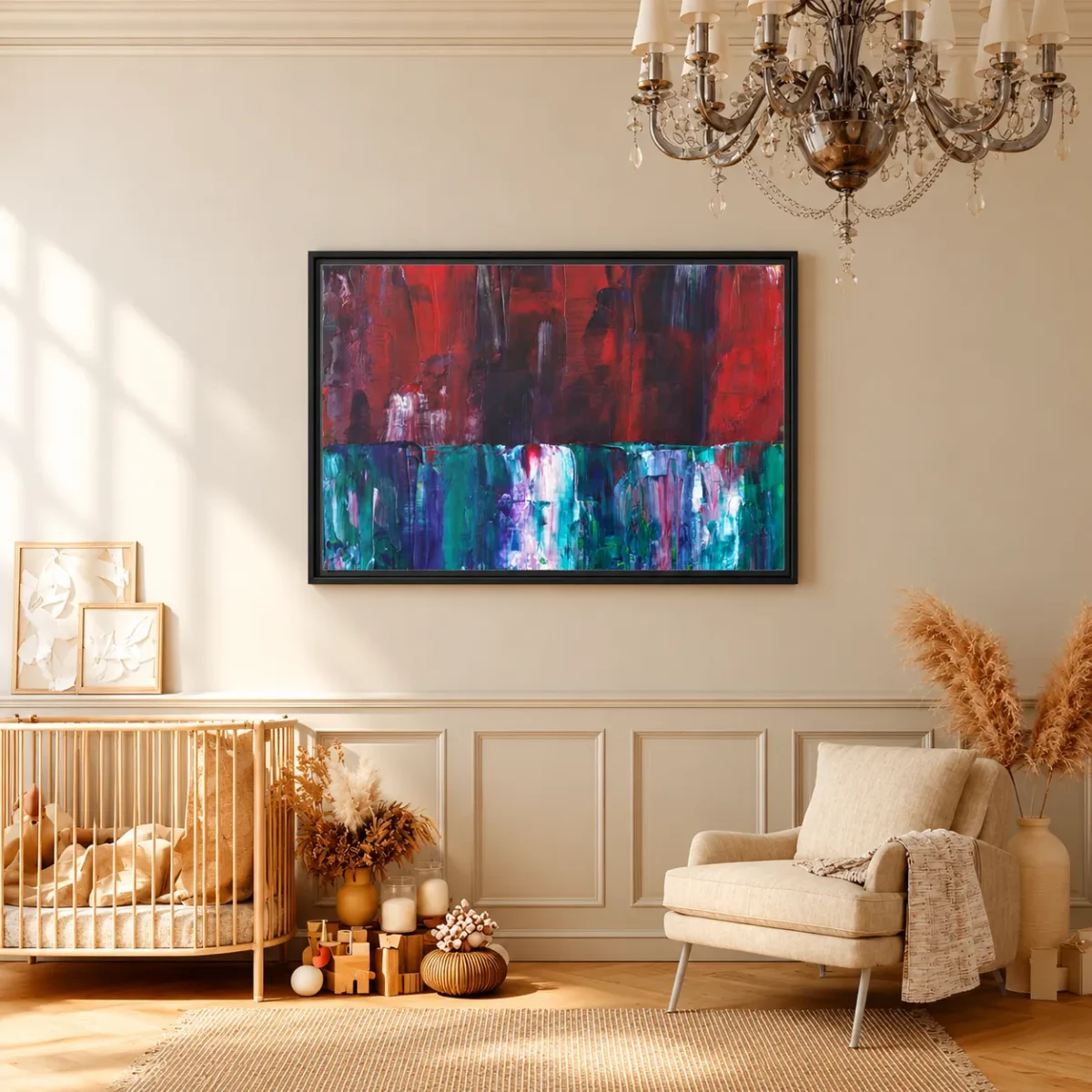Cinderwake Current – Red Teal Abstract Framed Canvas Wall Art