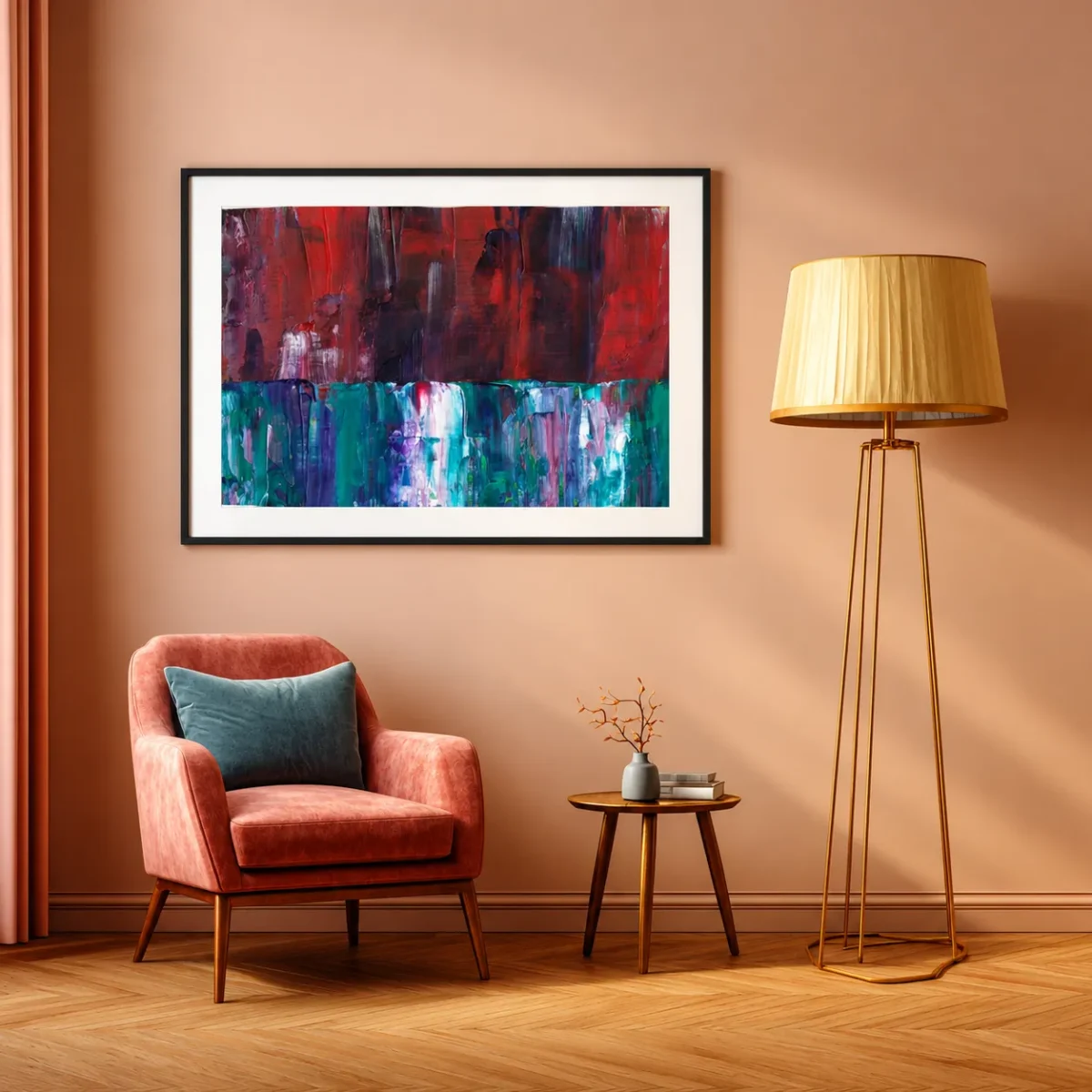 Cinderwake Current – Red Teal Abstract Framed Prints for Modern Interiors