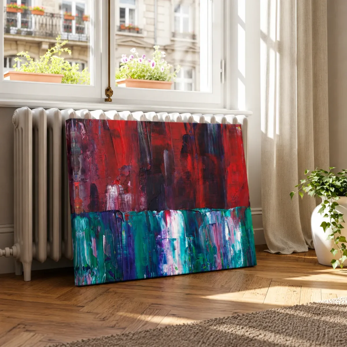 Cinderwake Current – Red Teal Abstract Canvas Wall Art for Modern Interiors