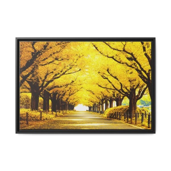 Saffron Canopy Passage – Autumn Golden Tree-Lined Avenue Framed Canvas