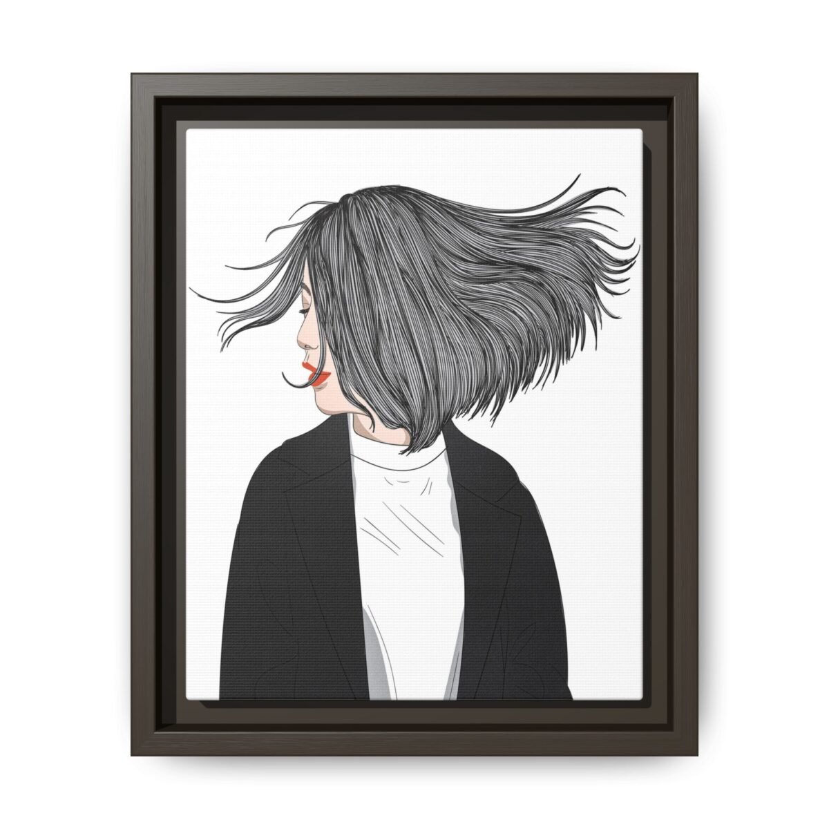 Velvet Gale – Windswept Woman Framed Canvas Wall Art for Modern Interiors