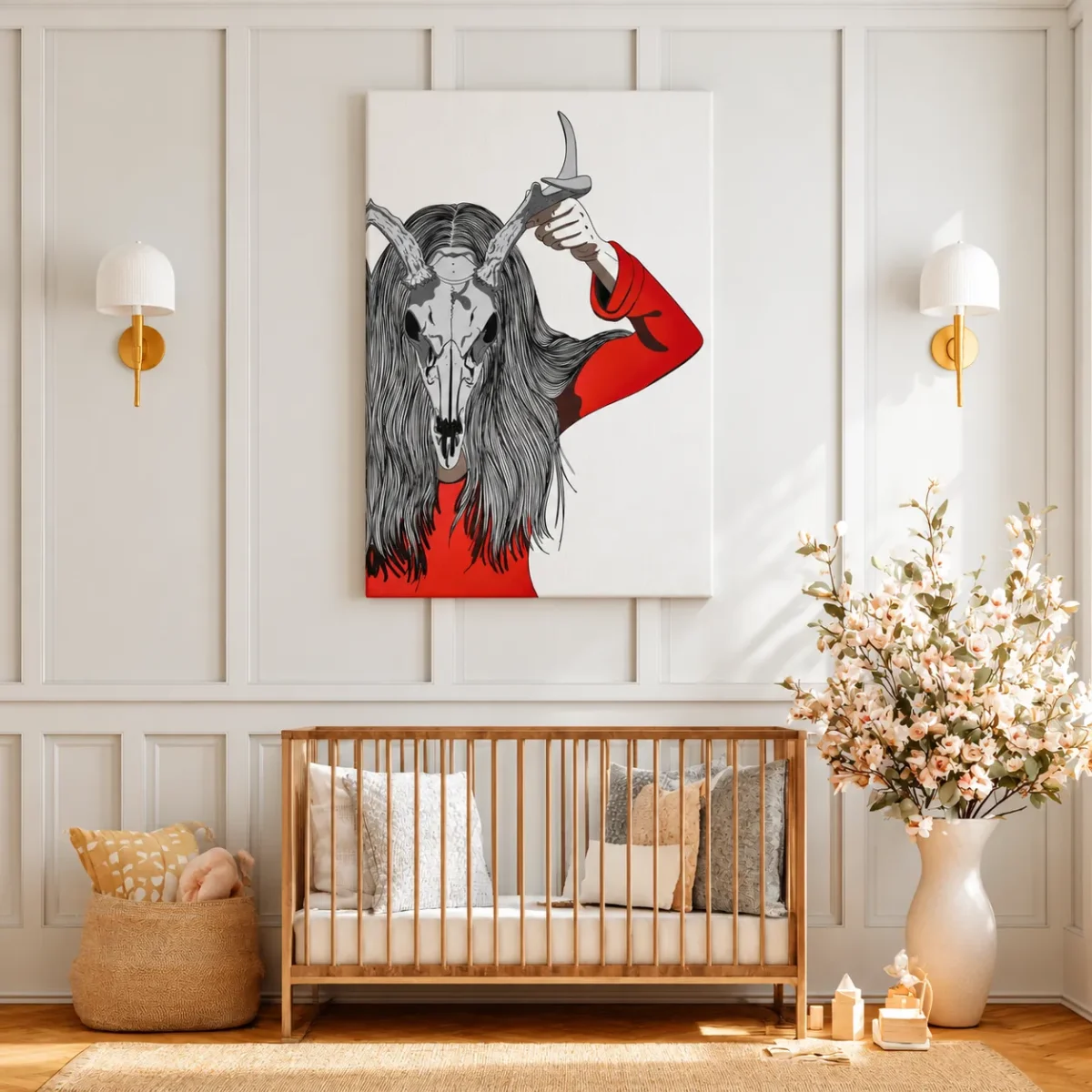 Veil of the Antlered Oracle – Antlered Skull Wall Art Canvas for Gothic Interiors