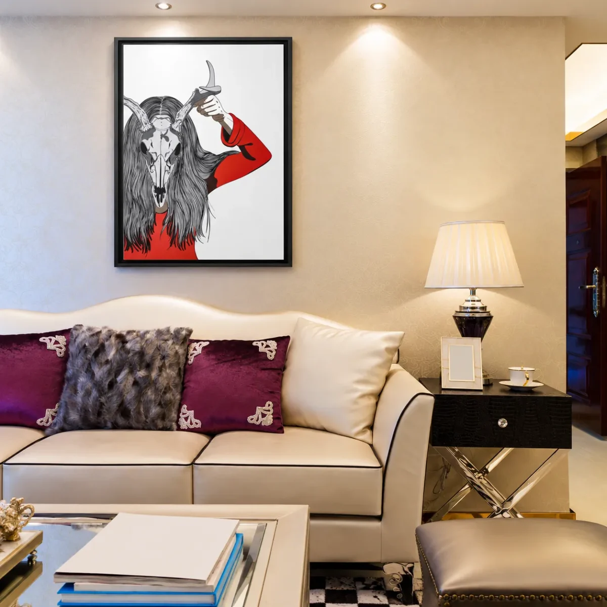 Veil of the Antlered Oracle – Antlered Skull Wall Art Framed Canvas